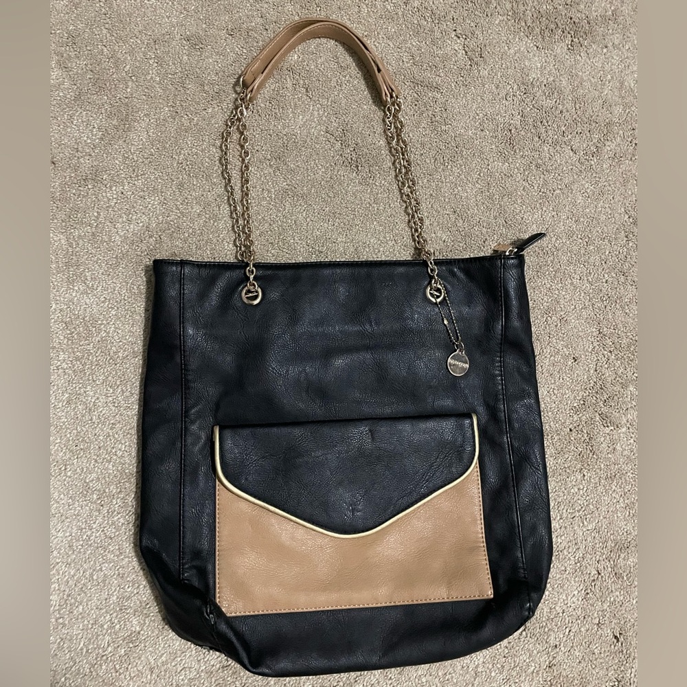 Big Buddha Faux Leather Shoulder Tote Black Tan Gold Chain Straps Light Wear NWT